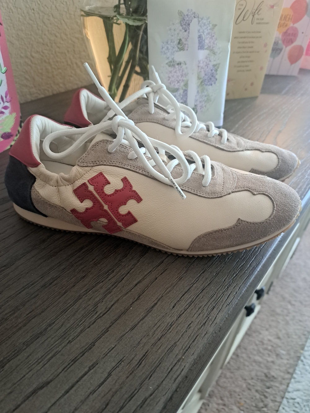 Tory Burch Cream Leather & Suede Sneakers with Red Logo
